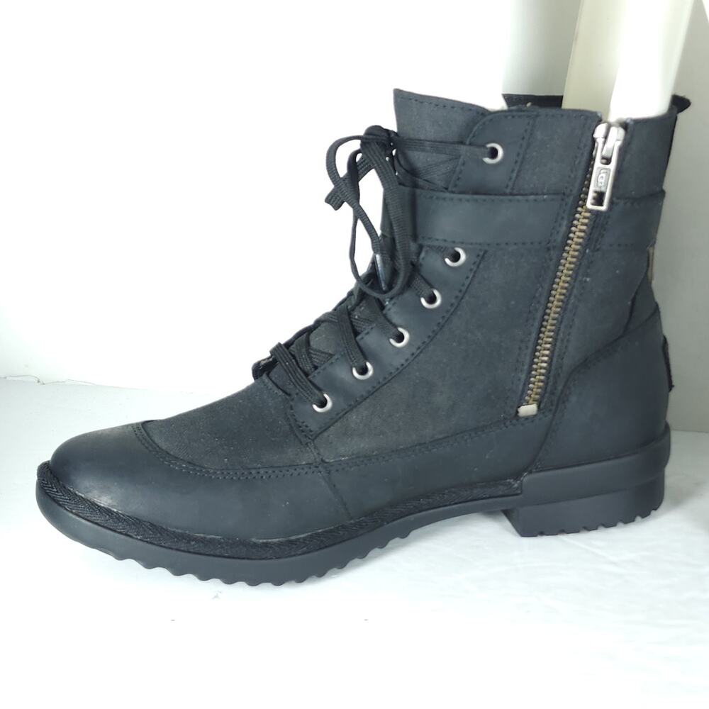 UGG Women's Tulane US7 Black Leather Canvas Waterproof Wool Lined Ankle Boots - Picture 6 of 16